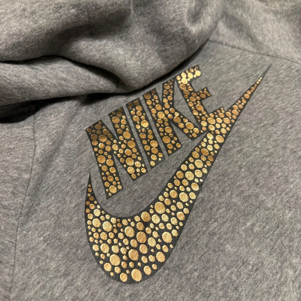 Nike Women Gray Hoodie Sweatshirt‎ Gold Mosaic Logo Pullover Cowl Neck Size M